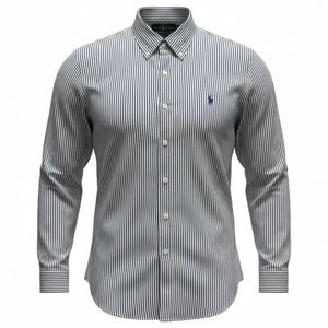 RALPH LAUREN BUTTON DOWN SHIRT, STRIPED, 16.5, 34/35, LARGE, BLUE WHITE